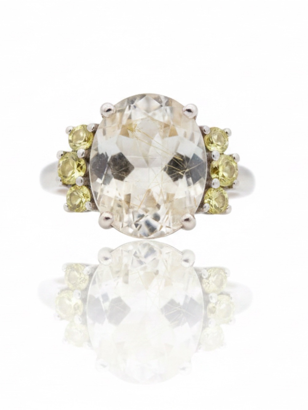 Golden Rutilated Quartz Yellow-Green Accent 925 Silver Ring Size 7.5